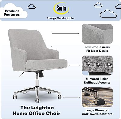 Serta Leighton Home Office Memory Foam, Height-Adjustable Desk Accent Chair with Chrome-Finished Stainless-Steel Base, Light Gray Light Gray Twill Fabric