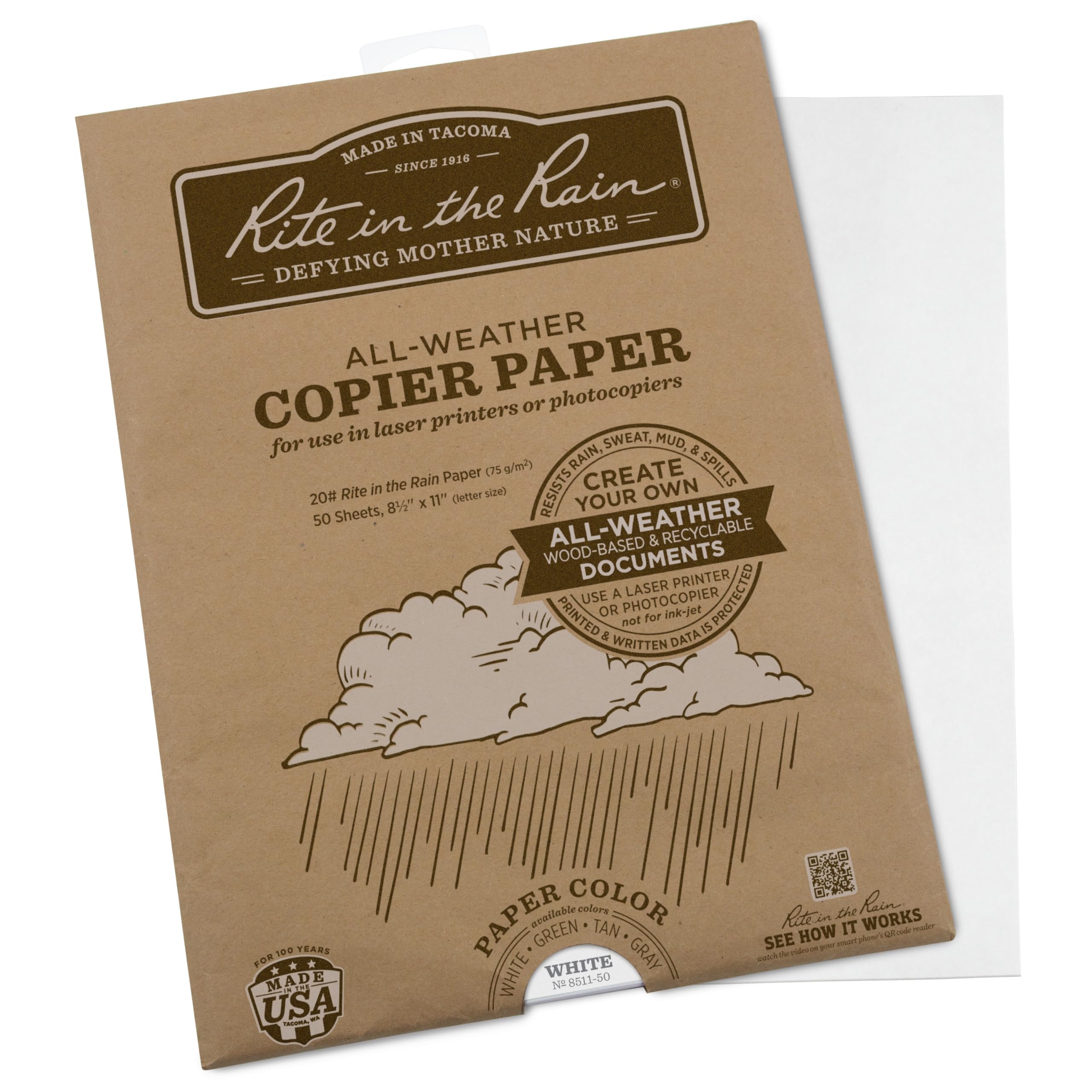 RITE IN THE RAIN Weatherproof Copier Paper, 8.5" x 11", 20# White