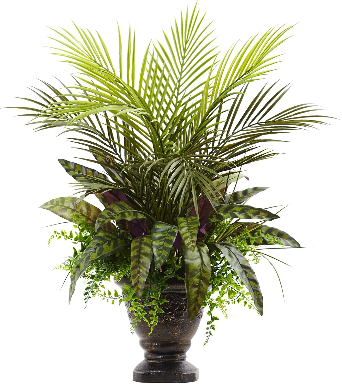 Nearly Natural Mixed Areca Palm, Fern & Peacock 27inH Artificial Plant With Planter, 27inH x 22inW x 21inD, Green