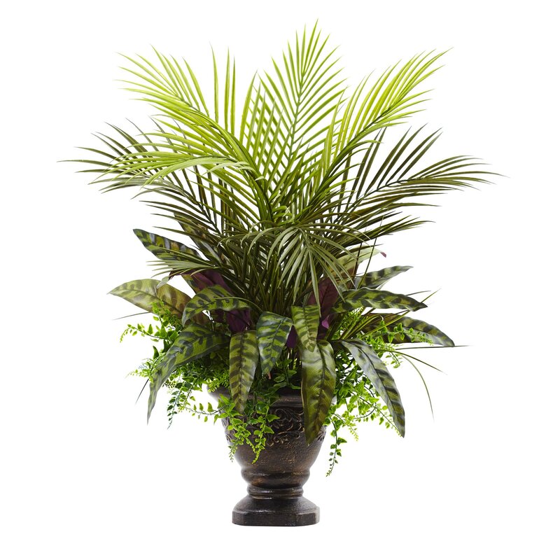 Nearly Natural Mixed Areca Palm, Fern & Peacock 27inH Artificial Plant With Planter, 27inH x 22inW x 21inD, Green