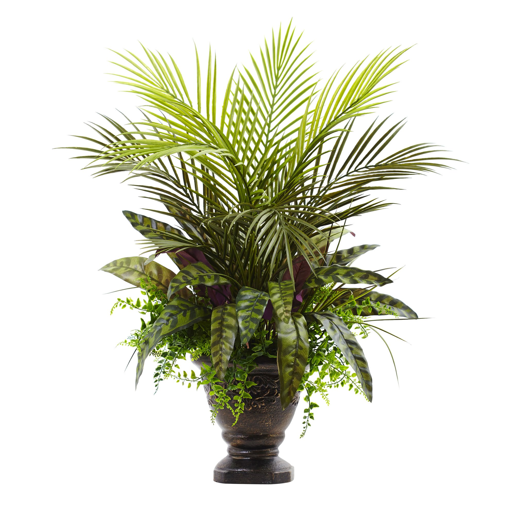 Nearly Natural Mixed Areca Palm, Fern & Peacock 27inH Artificial Plant With Planter, 27inH x 22inW x 21inD, Green