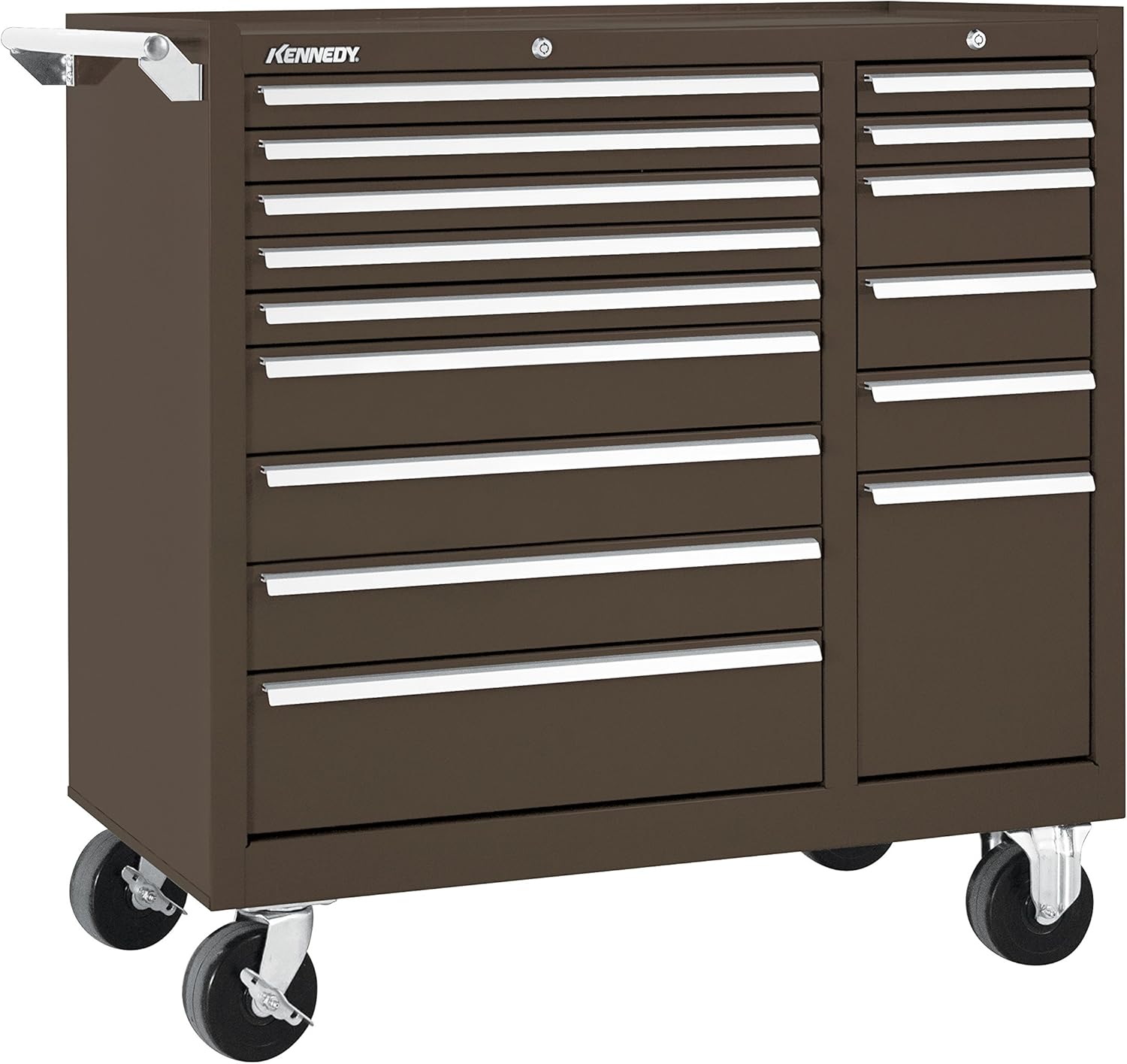 Kennedy Manufacturing 315XB 39" 15-Drawer Industrial Double-Bank Rolling Tool Cart with Cabinet and Chest, Brown