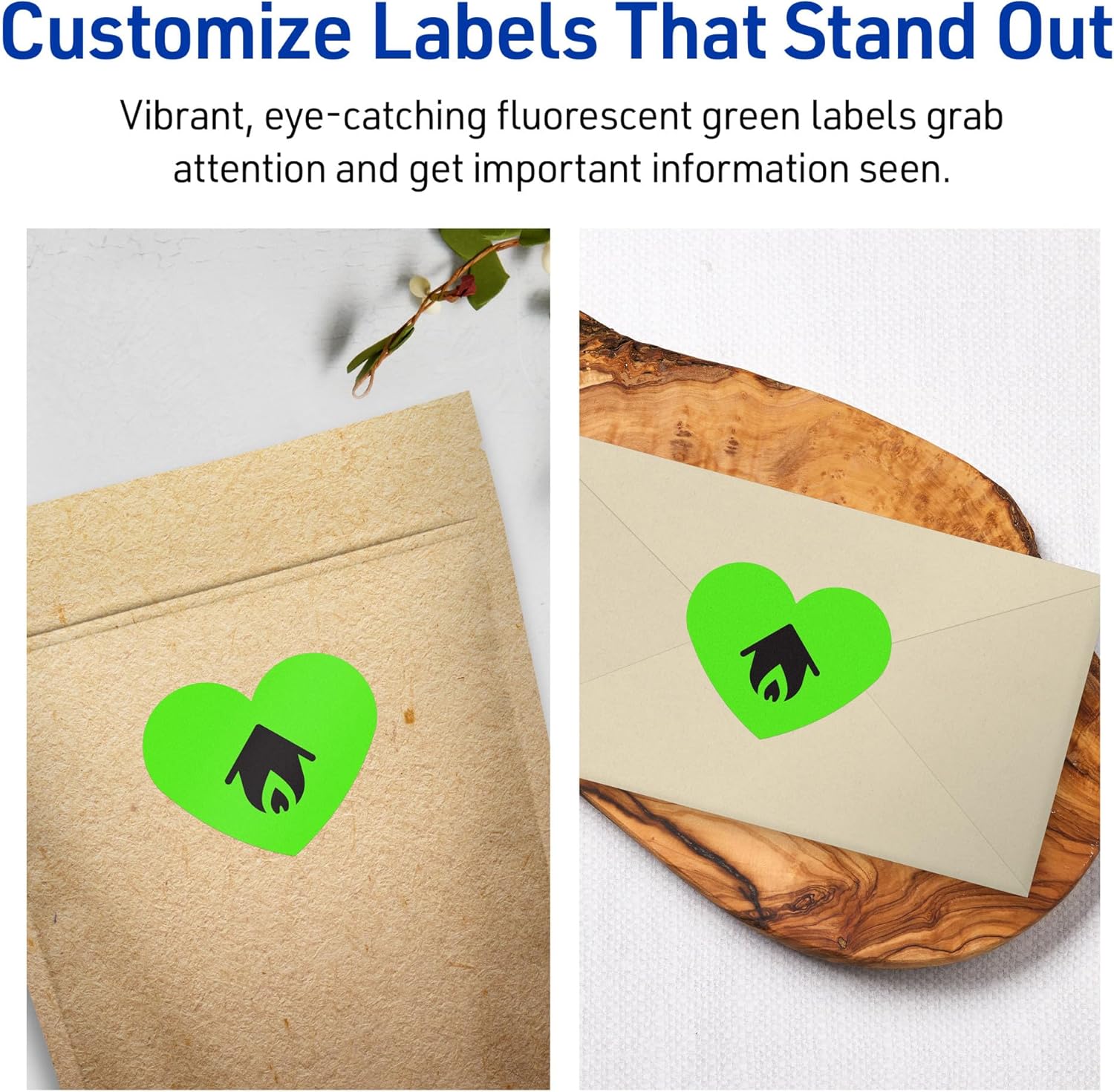Avery Printable Heart Labels, Sure Feed Technology, 2-9/32 x 1-27/32, Neon Green, Print-to-The-Edge, Laser/Inkjet Compatible