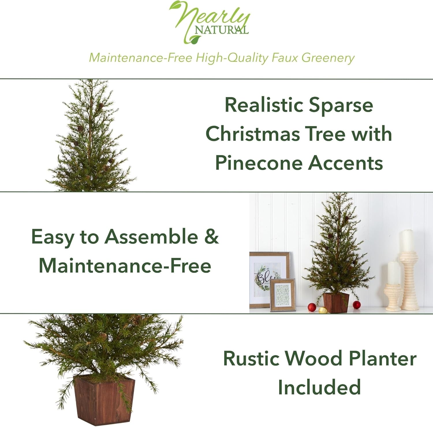 Nearly Natural 3ft. Alpine Natural Look Artificial Christmas Tree in Wood Planter with Pine Cones