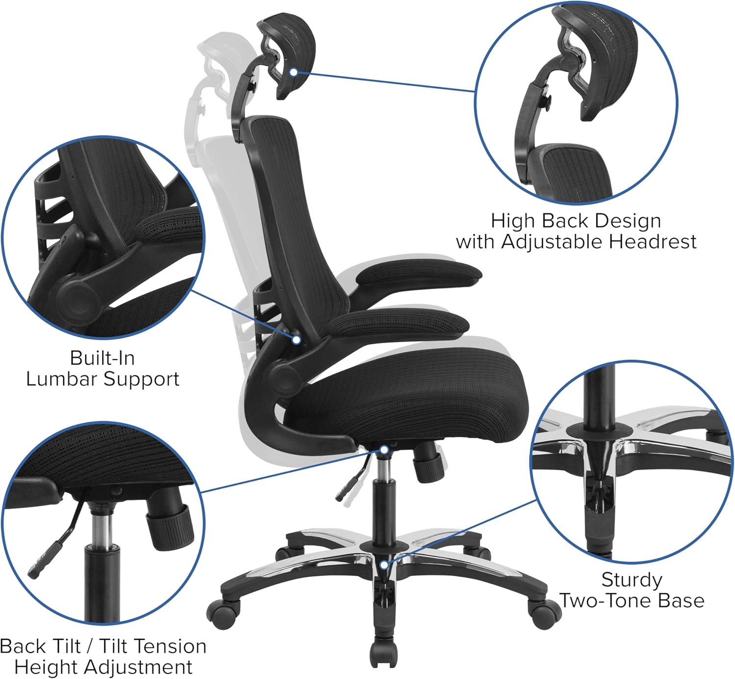 Flash Furniture Kelista High-Back Swivel Office Chair with Adjustable Lumbar Support and Seat Height