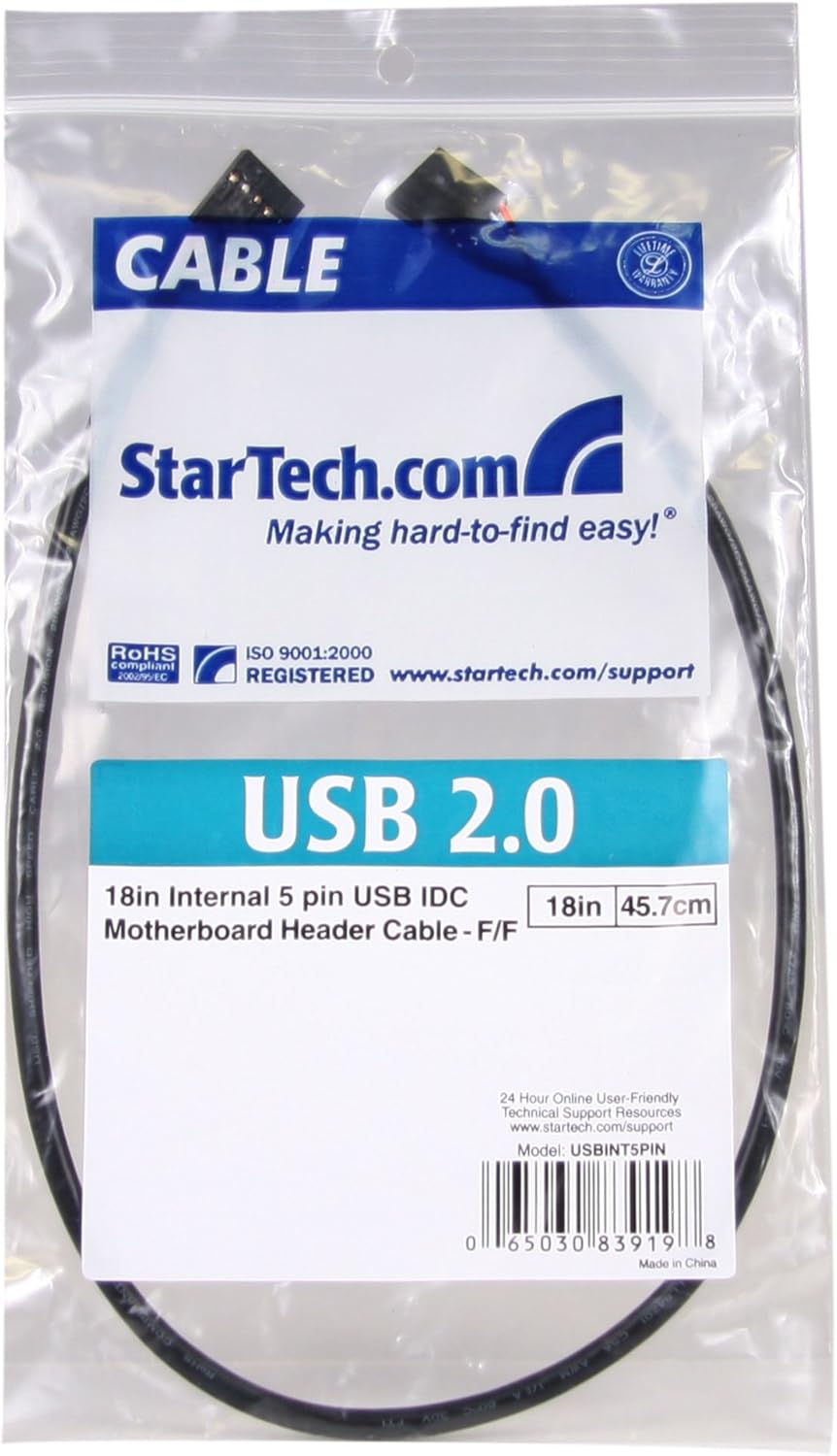 StarTech USBINT5PIN Internal 5 pin USB IDC Motherboard Header Cable (1.5 Feet), Black