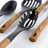 Megachef Nylon Tool Cookware Utensil Set, 7 Piece, Black and Wood Texture