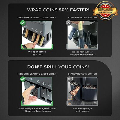 Cassida C300 Professional USD Coin Counter, Sorter and Wrapper/Roller, 300 coins/min, with Quickload and Printing-Compatible