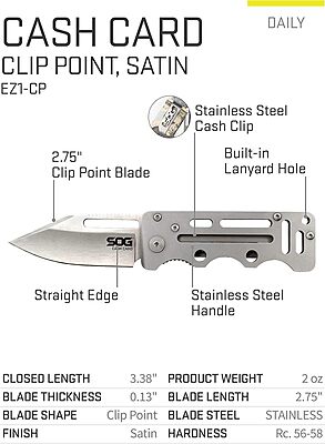 SOG Cash Card Money Clip Pocket Knife- 2.75 Inch Blade EDC Knife with Clip for Pocket, Money or Card Holder, Stainless Steel Handle with Built-In Lanyard Hole (EZ1-CP), Onesize, Satin Polished