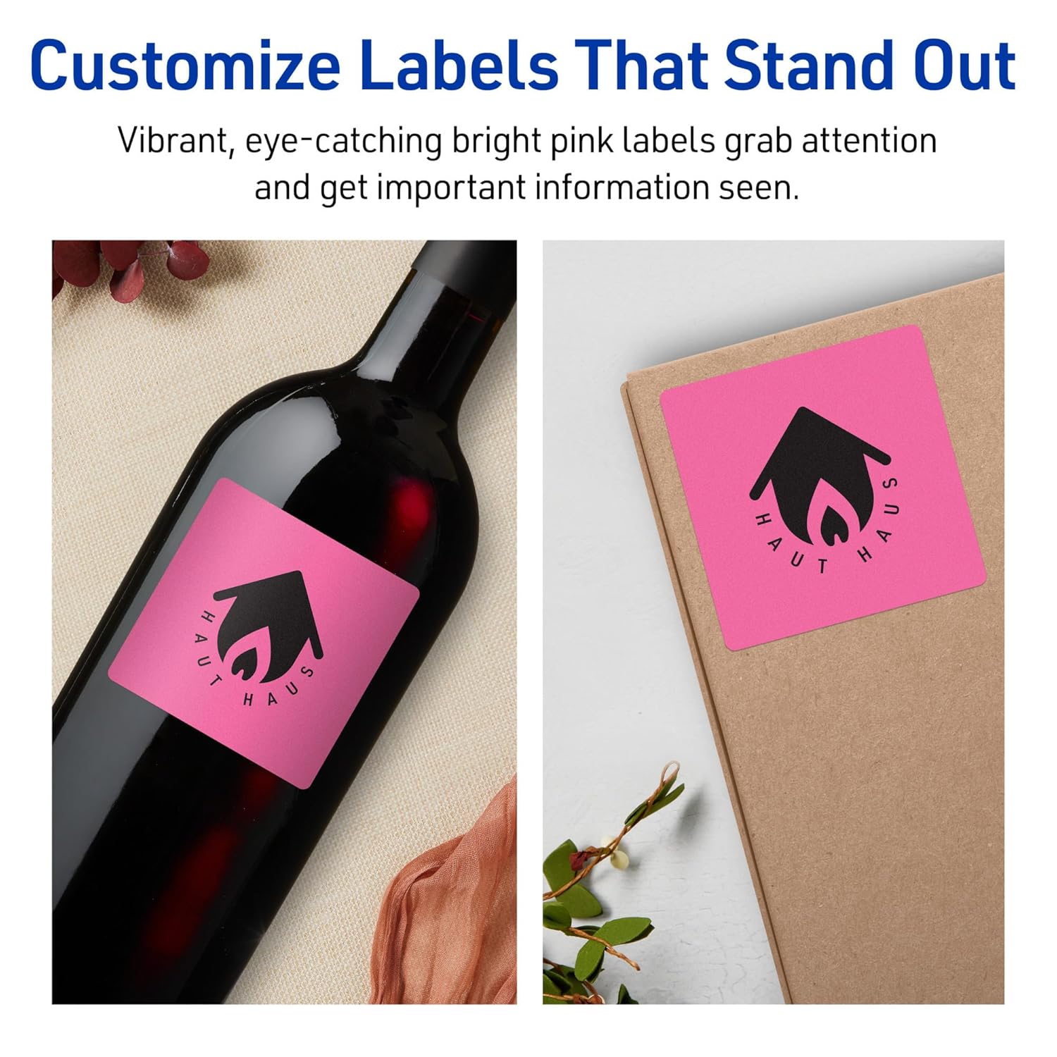 AVERY Bright Pink Square Labels, 2-3/4 in, Print-to-the-Edge, Sure Feed