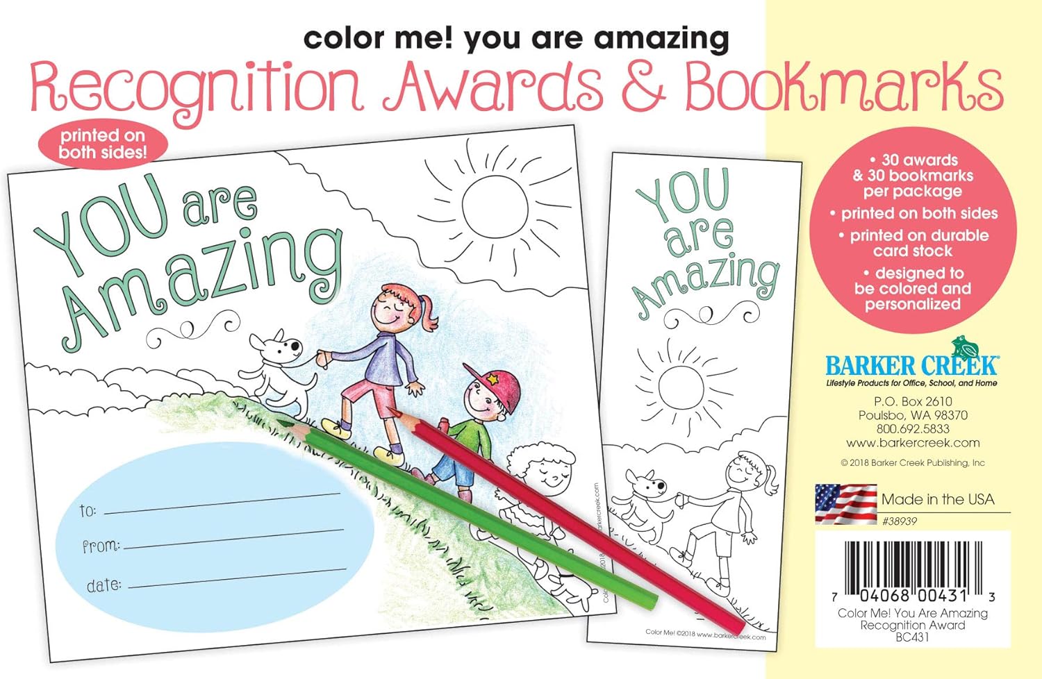 BARKER CREEK Recognition Awards and Bookmarks, Color Me You are Amazing