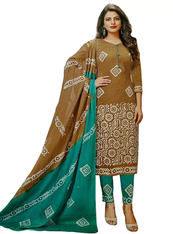 Unstitched-Ethnic Indian Kurta Set Traditional elegance in brown and turquoise
