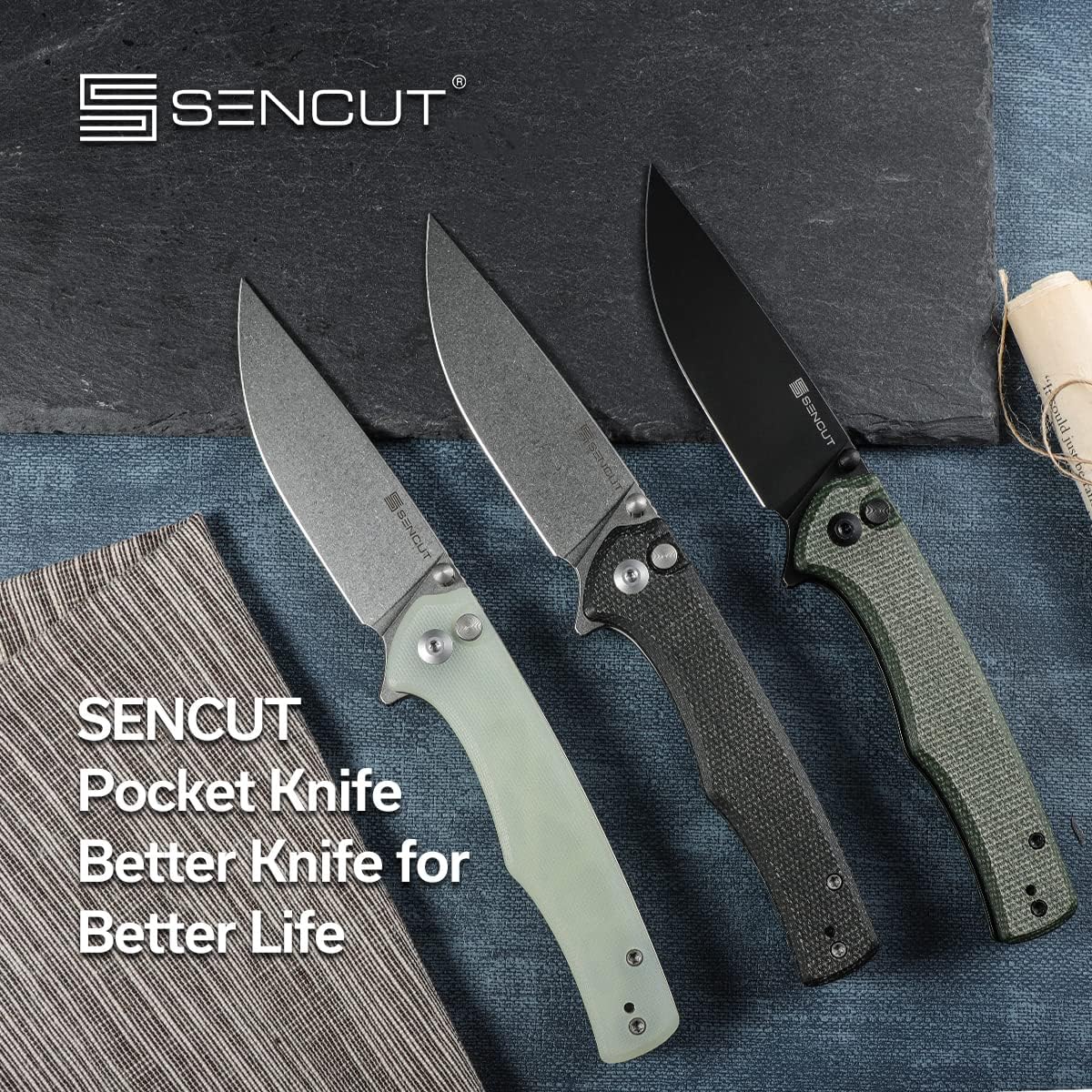 SENCUT Crowley Pocket Knife Button Lock Folding Knife for EDC, Natural G10 Handle Stonewashed D2 Blade Foldable Knife