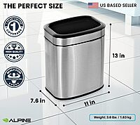 Alpine 10 Liter Small Bathroom Trash Can No Lid - Open Top Stainless Steel Bathroom Trash Can 2.6 Gallon, Slim Silver Trashcans for Bedroom, Office, Desk, Kitchen with Removable Bin for Easy Disposal