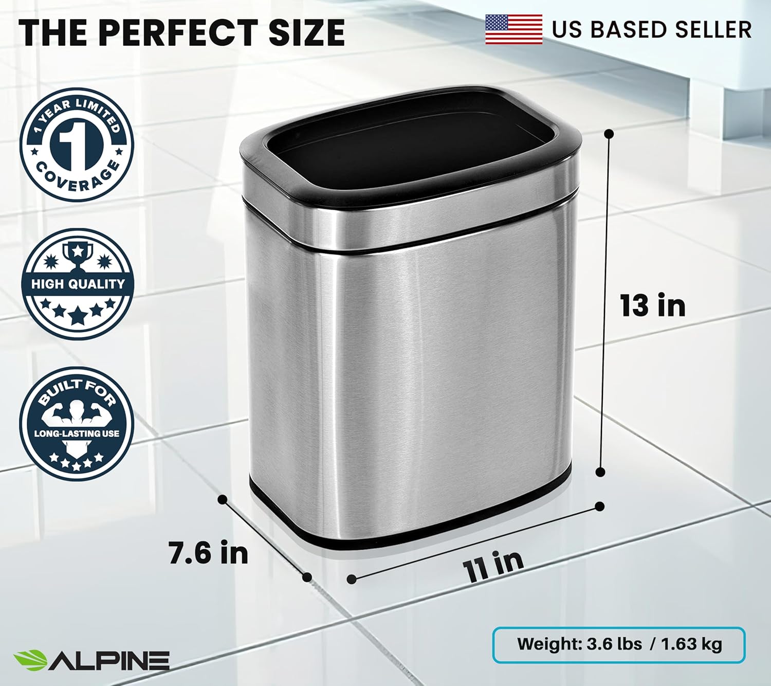 Alpine 10 Liter Small Bathroom Trash Can No Lid - Open Top Stainless Steel Bathroom Trash Can 2.6 Gallon