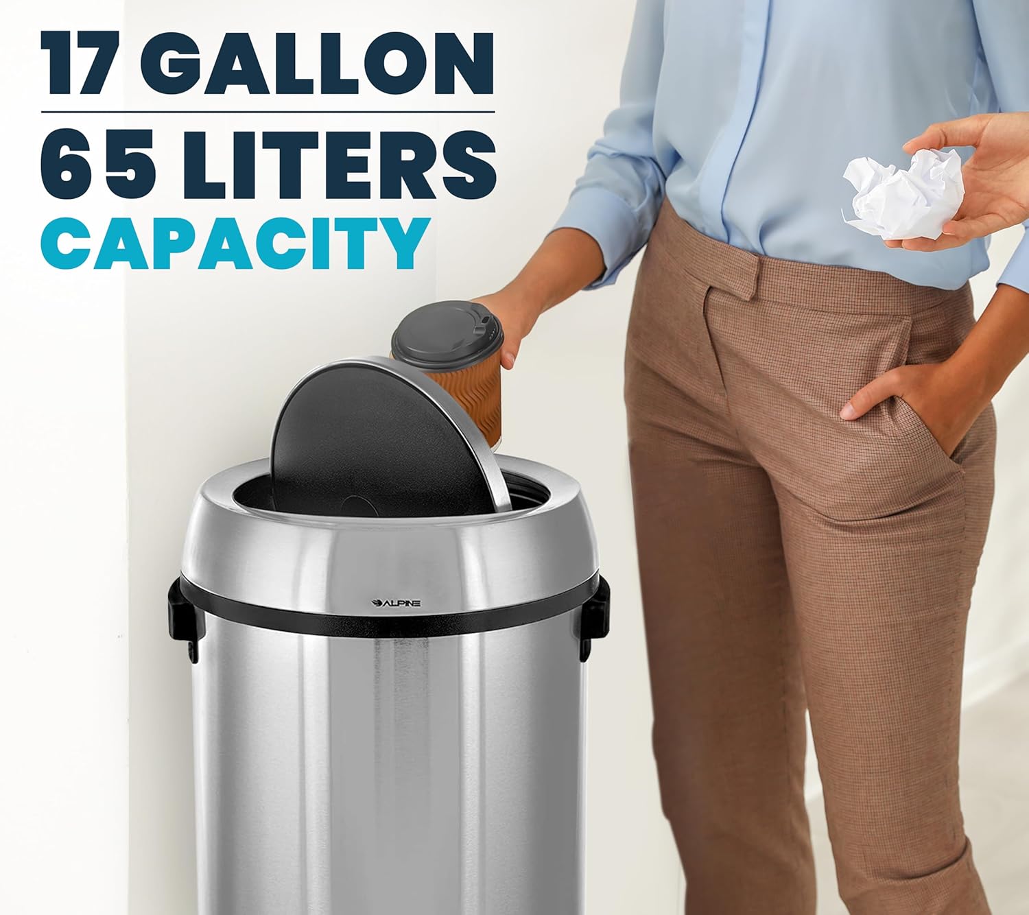 Alpine 17-Gallon Stainless Steel Swing Top Trash Can – Commercial Grade Round Garbage Bin with Odor Control Lid