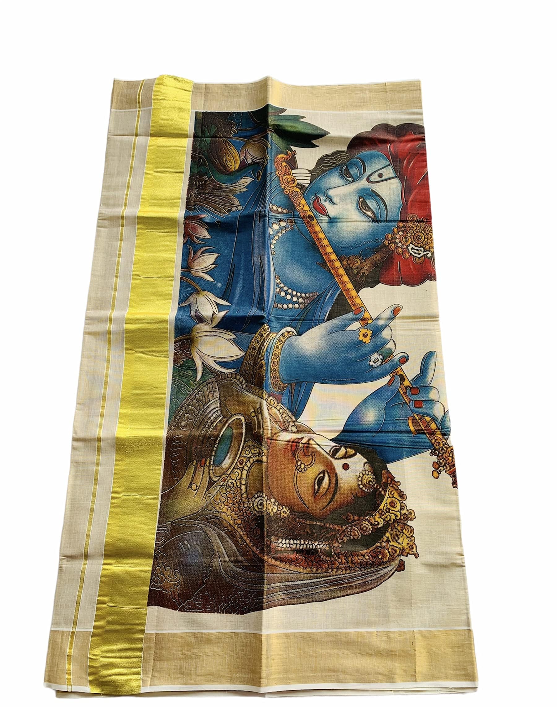 Women's Kuthampully Kerala Kasavu Saree Tissue Mural Painted Lord Radha Krishna with Running Blouse - Multi Color KTM-636
