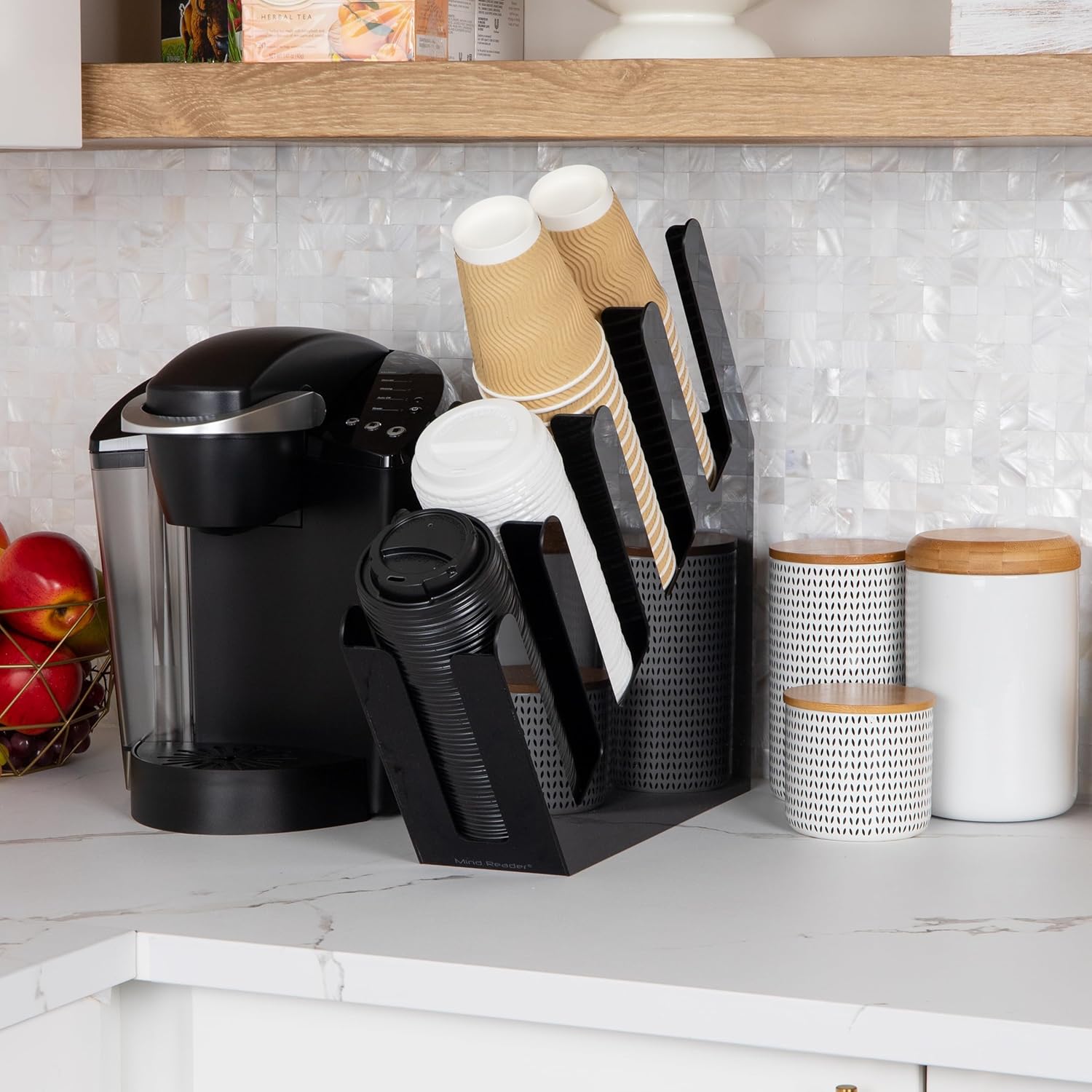 Mind Reader Cup and Lid Dispenser, Countertop Org, Coffee Bar, 4"L x 18"W x 16"H, Black Acrylic