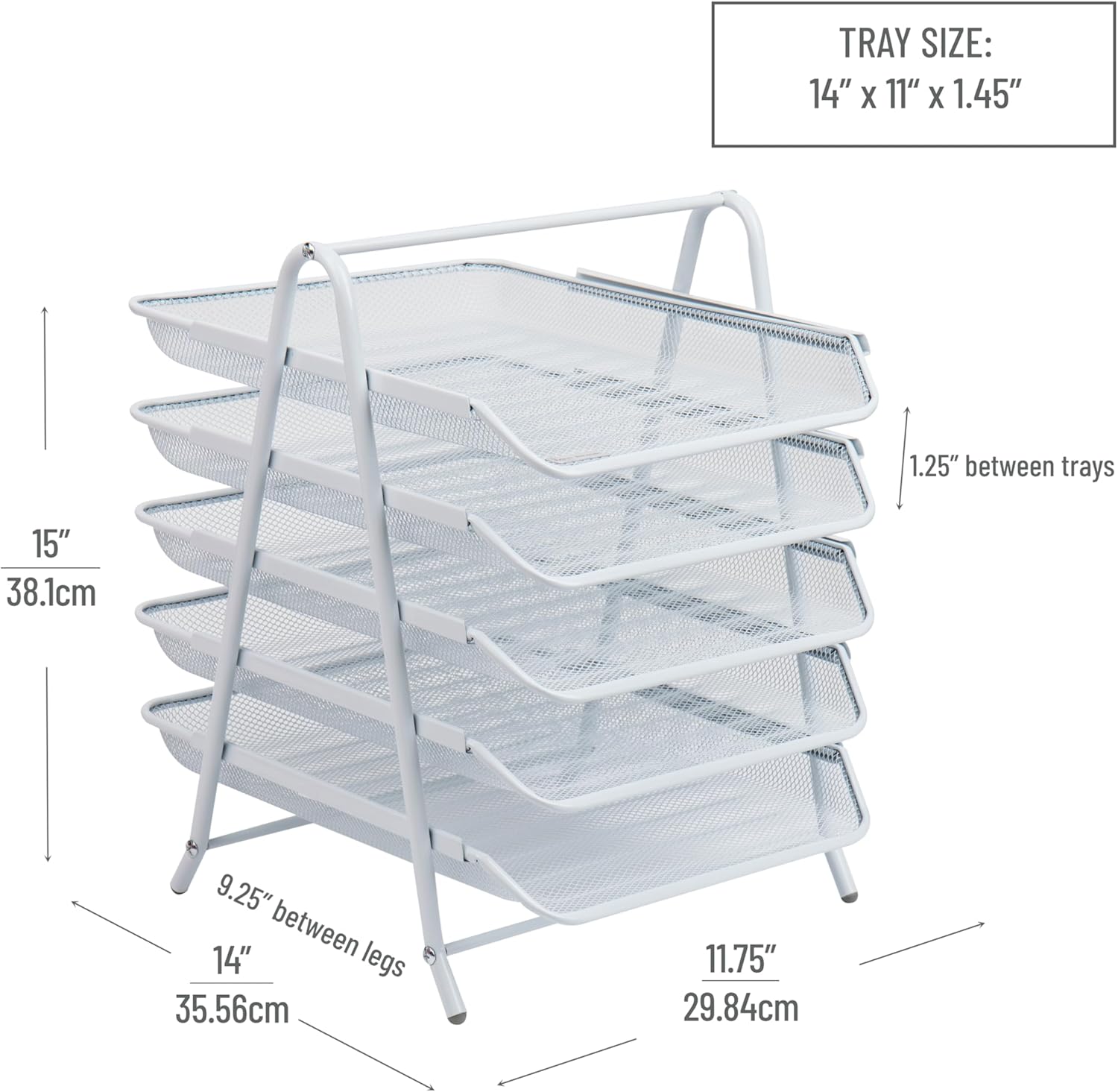 Mind Reader 5-Tier Paper Tray, Desktop Organizer, File Storage, Office, Metal Mesh, 11.75" L x 14" W x 14.5" H, White