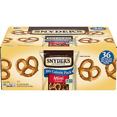 Snyder's of Hanover Mini Pretzels, 100 Calorie Individual Packs, 36 Ct 100 Calorie Minis Pack 0.92 Ounce (Pack of 36)