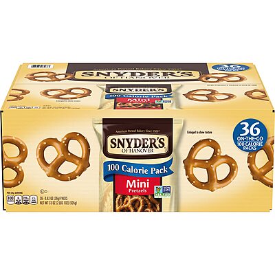 Snyder's of Hanover Mini Pretzels, 100 Calorie Individual Packs, 36 Ct 100 Calorie Minis Pack 0.92 Ounce (Pack of 36)