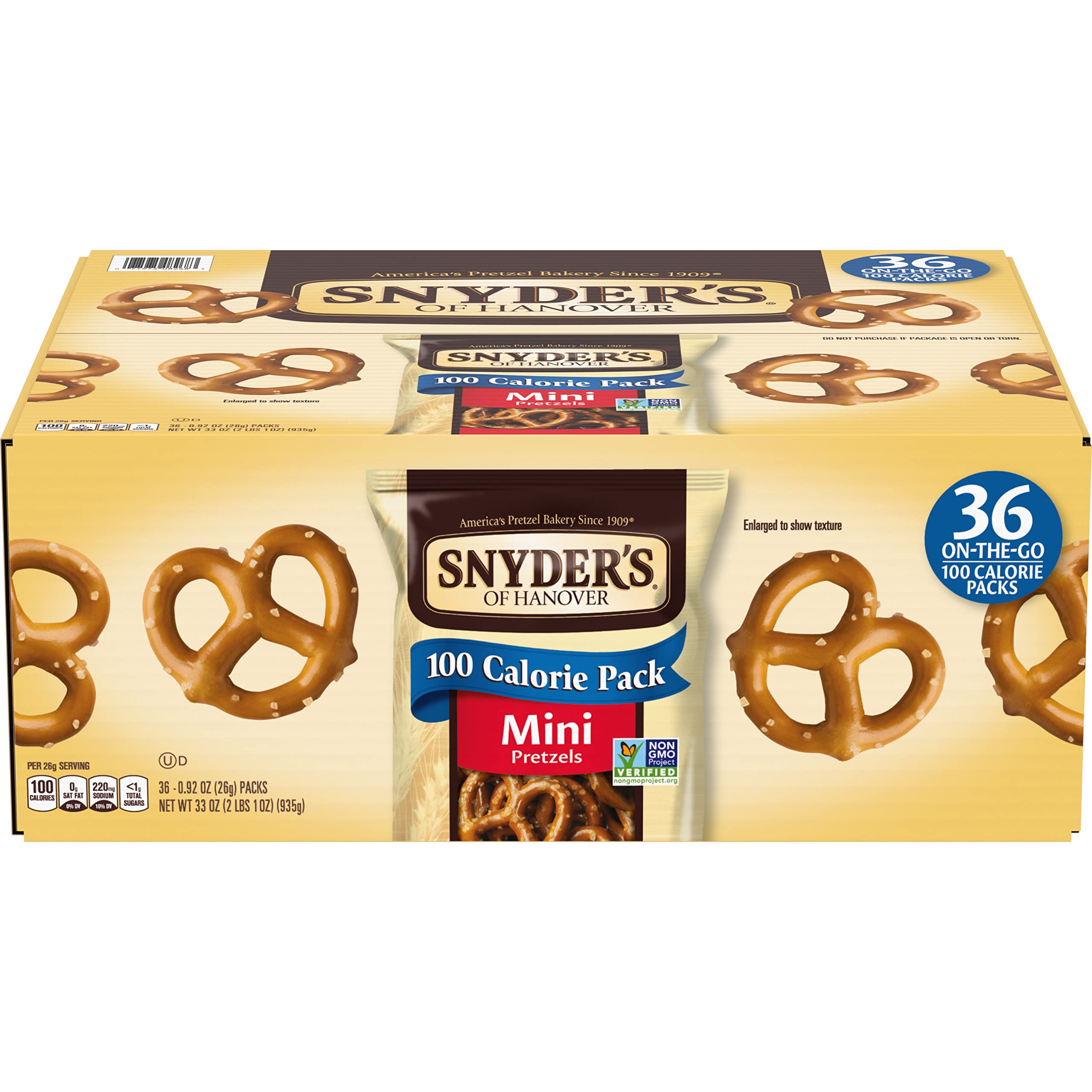 Snyder's of Hanover Mini Pretzels, 100 Calorie Individual Packs, 36 Ct 100 Calorie Minis Pack 0.92 Ounce (Pack of 36)
