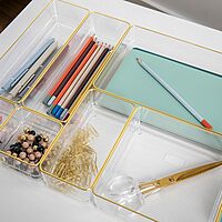 MARTHA STEWART Kerry Plastic Stackable Office Desk Drawer Organizers with Gold Trim