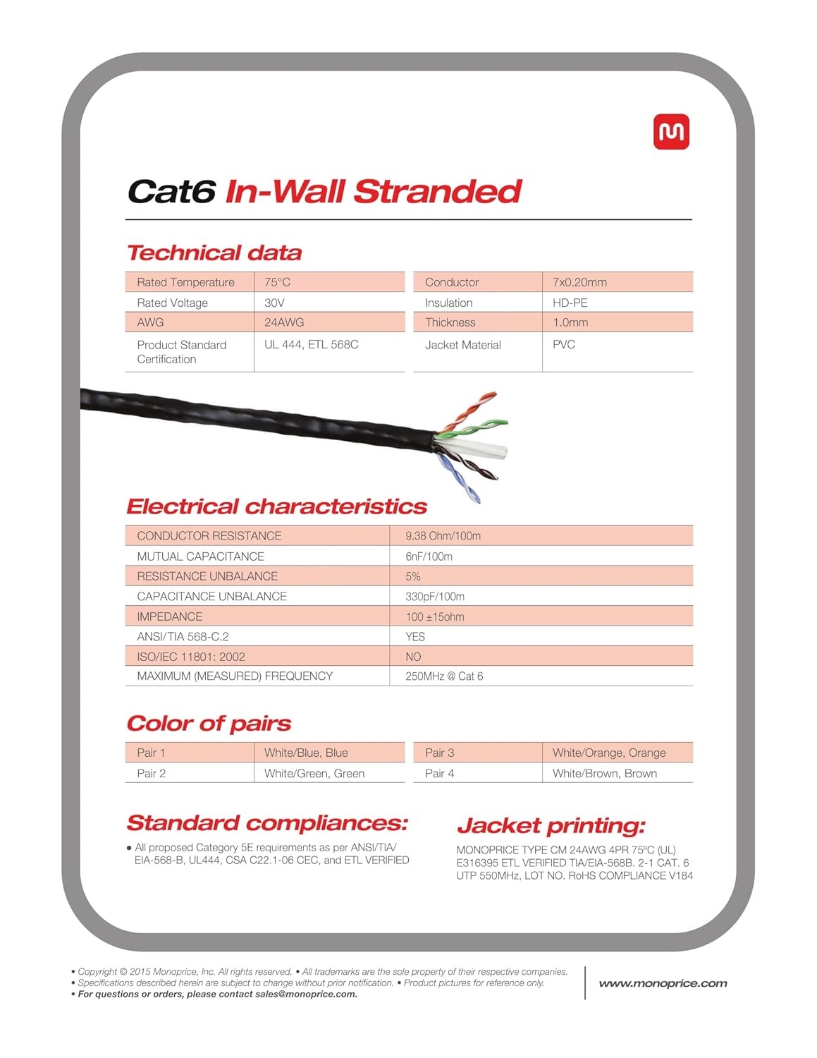 MONOPRICE Cat6 Ethernet Bulk Cable UTP 24AWG 550MHz