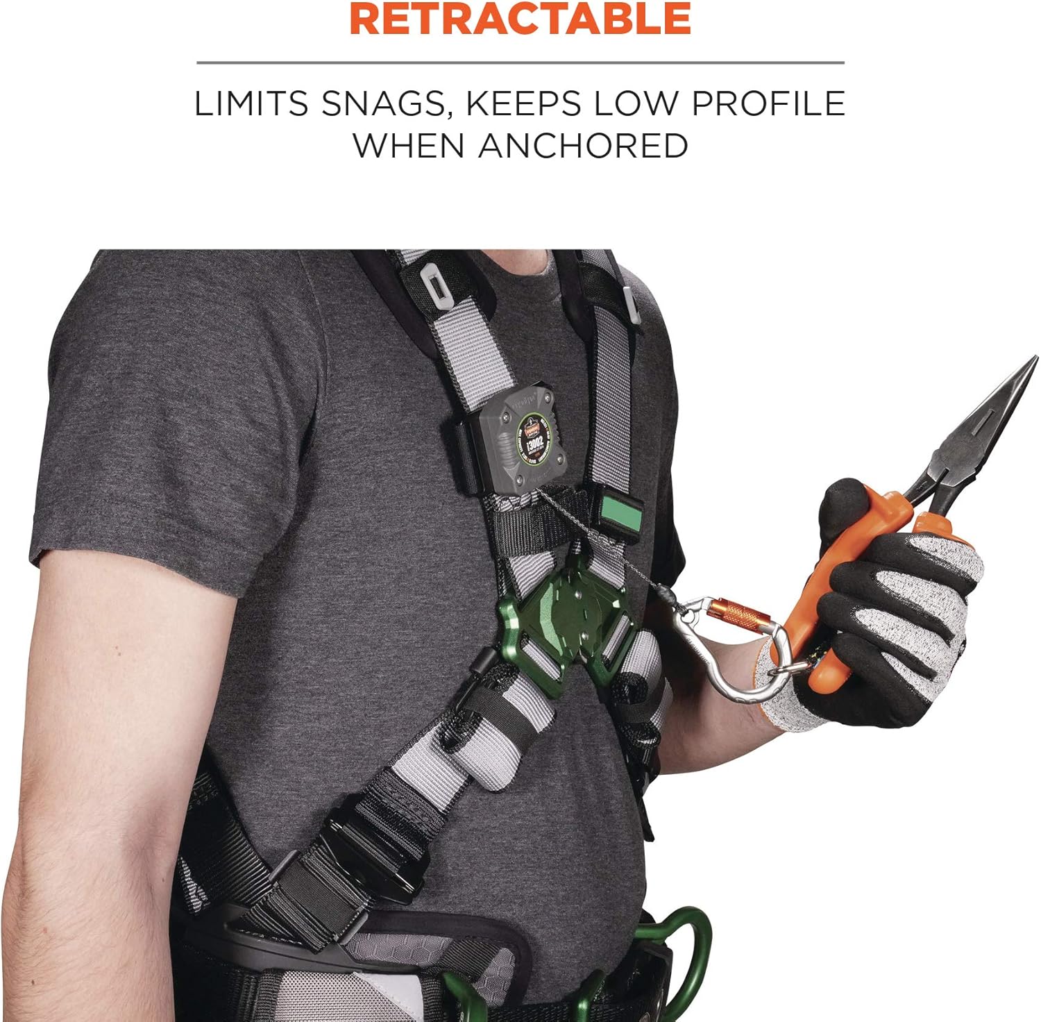 Ergodyne Squids 3002 Retractable Tool Lanyard with Locking Carabiner, Straps to Attach to Belt or Harness, Gray, Standard