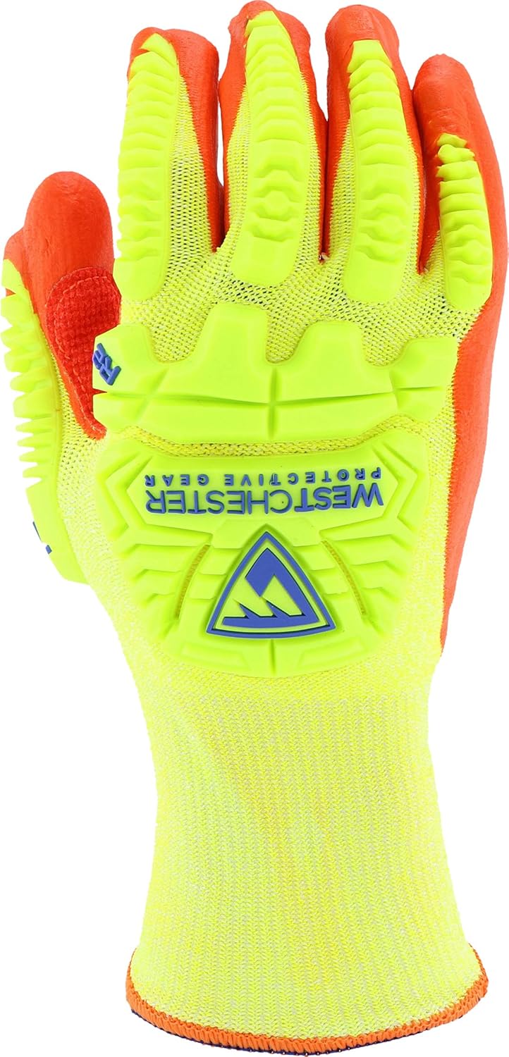 West Chester HVY710HSNFB Hi-Vis HPPE Nitrile Palm Coated Gloves – Small, Yellow/Orange