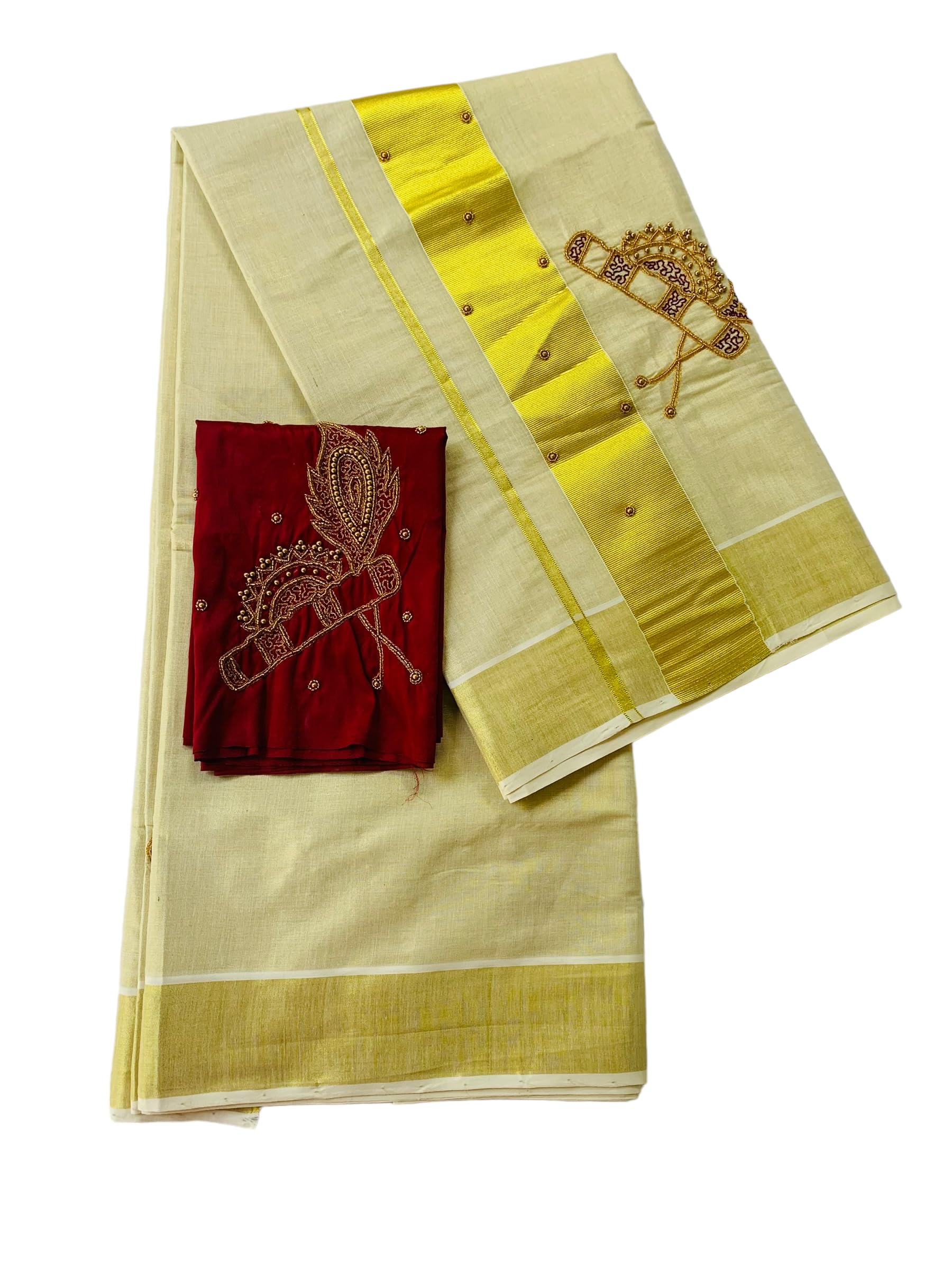Kuthampully Kerala Kasavu Sarees For Women | Handcrafted Aari work Kerala Sarees | Tissue Onam Saree With Running Blouse | South Indian Sarees | Onam Saree EKM-784 (Maroon)