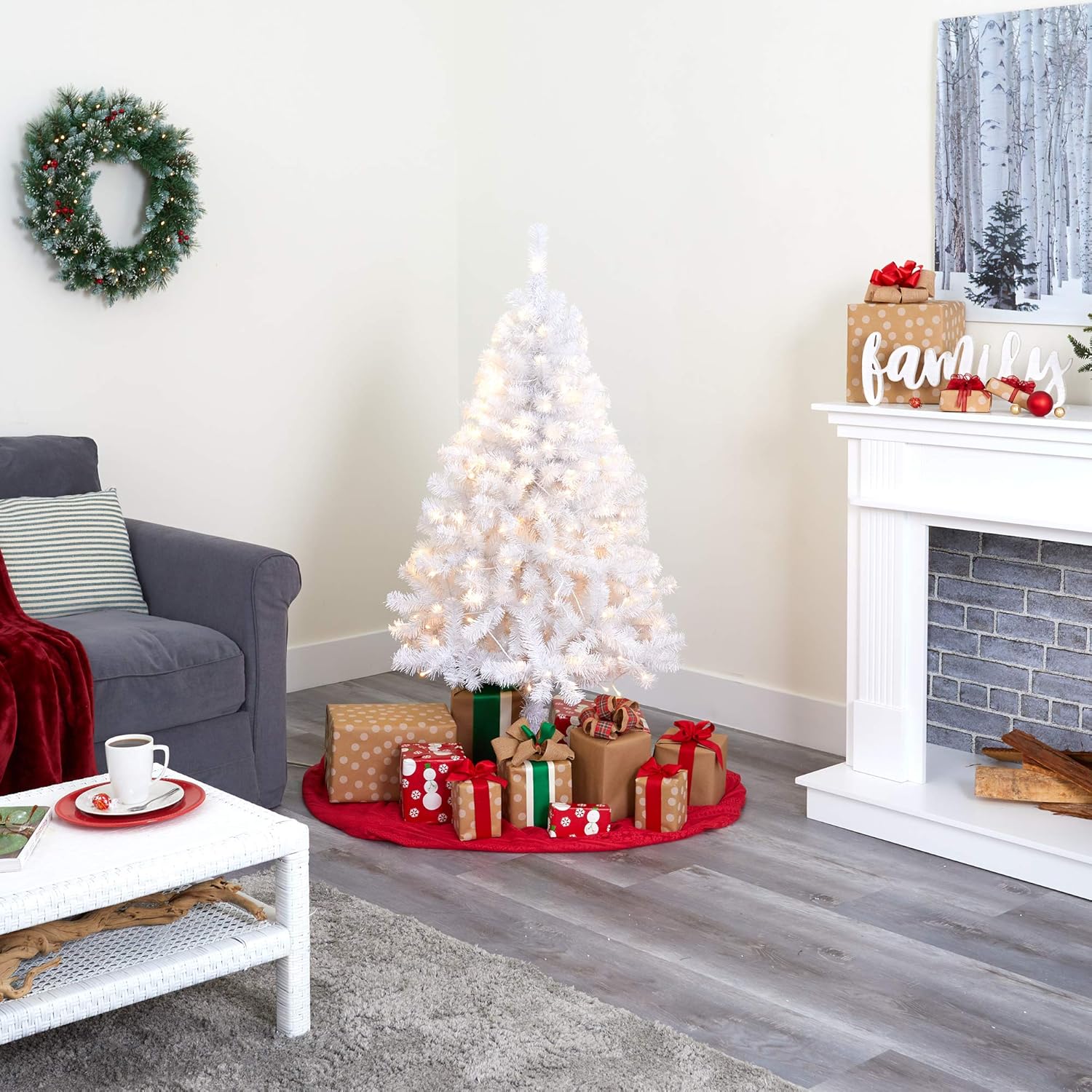 Nearly Natural 4ft. White Artificial Christmas Tree with 100 Clear LED Lights