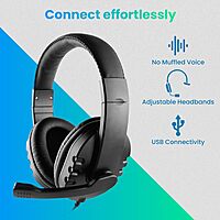 OTM Essentials Pro Stereo Headset, Wired Headphones, Noise-Canceling Microphone, in-Line Volume Control, Headset with Mic and USB, Quick Plug and Play, Black