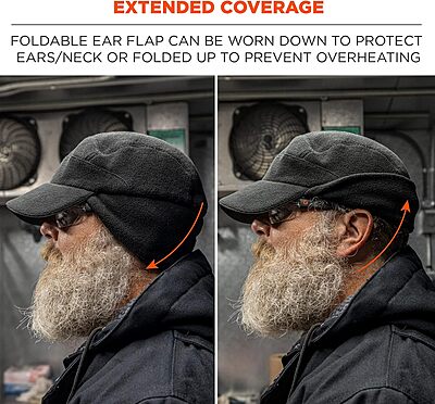 Ergodyne Standard Winter Baseball Cap with Ear Flaps, Black, One Size