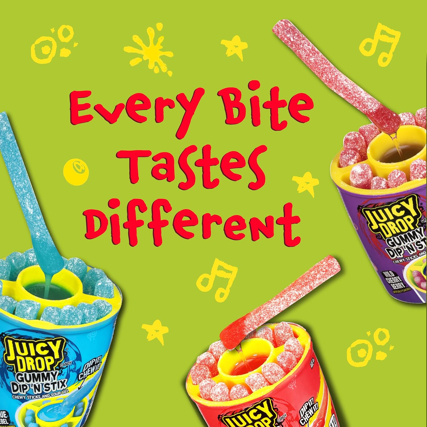 Juicy Drop Gummy Dip 'N Stix Assorted Candy Variety Pack, Sweet Gummy Sticks W/ Sour Dipping Gel, 8 Pack