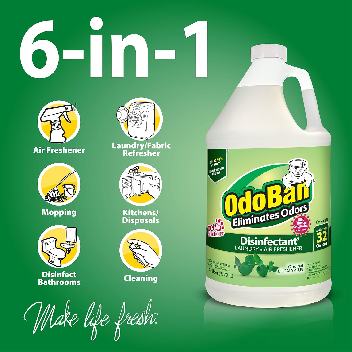 OdoBan Disinfectant Concentrate and Odor Eliminator, 1 Gallon, Original Eucalyptus Scent Eucalyptus 128 Fl Oz (Pack of 1)