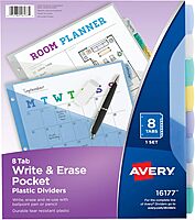 Avery Write & Erase Pocket Plastic Dividers for 3 Ring Binders, 8-Tab Sets, Multicolor, Tabs Viewable Beyond Sheet Protectors, 1 Set (16177) Multicolor One Size 1 pack