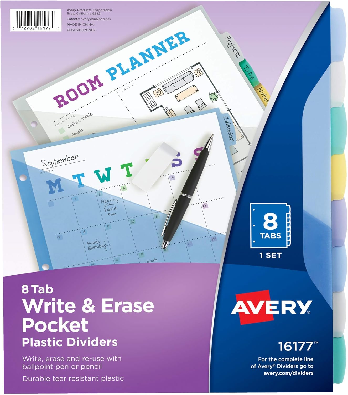 Avery Write & Erase Pocket Plastic Dividers for 3 Ring Binders, 8-Tab Sets, Multicolor