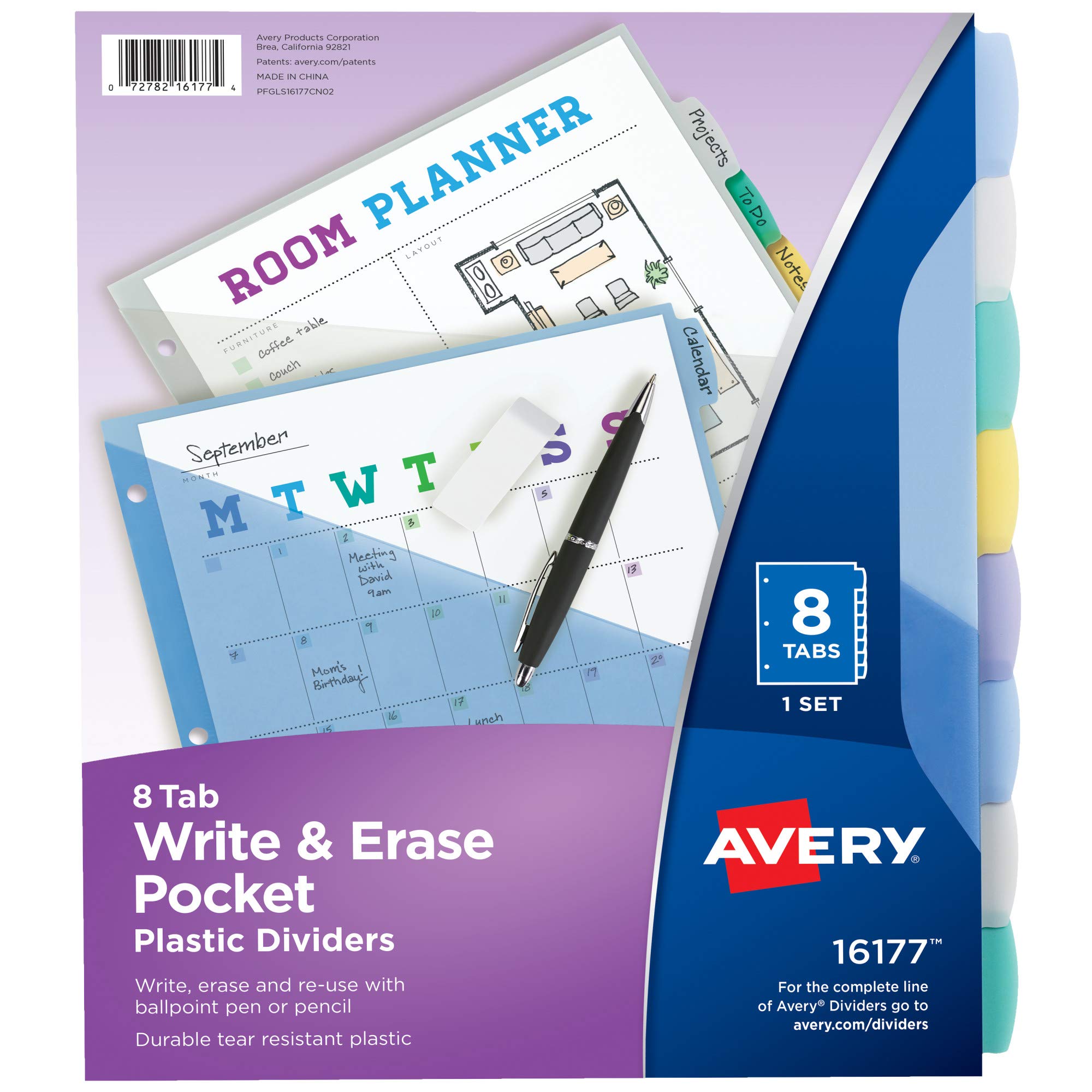 Avery Write & Erase Pocket Plastic Dividers for 3 Ring Binders, 8-Tab Sets, Multicolor
