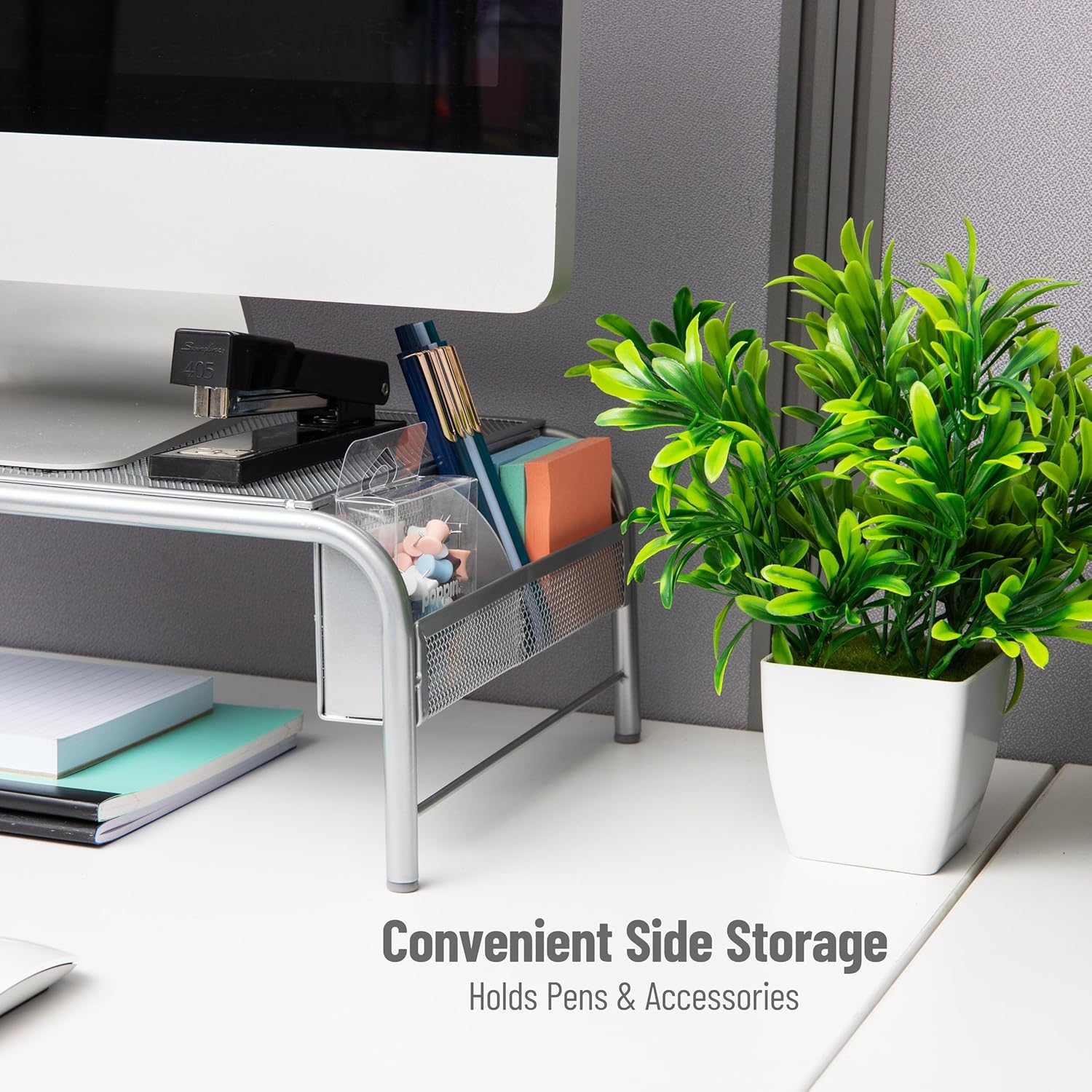 Mind Reader Monitor Stand, Ventilated Laptop Riser, Desktop Organizer, Side Storage, Metal Mesh, 20"L x 11.5"W x 5.5"H