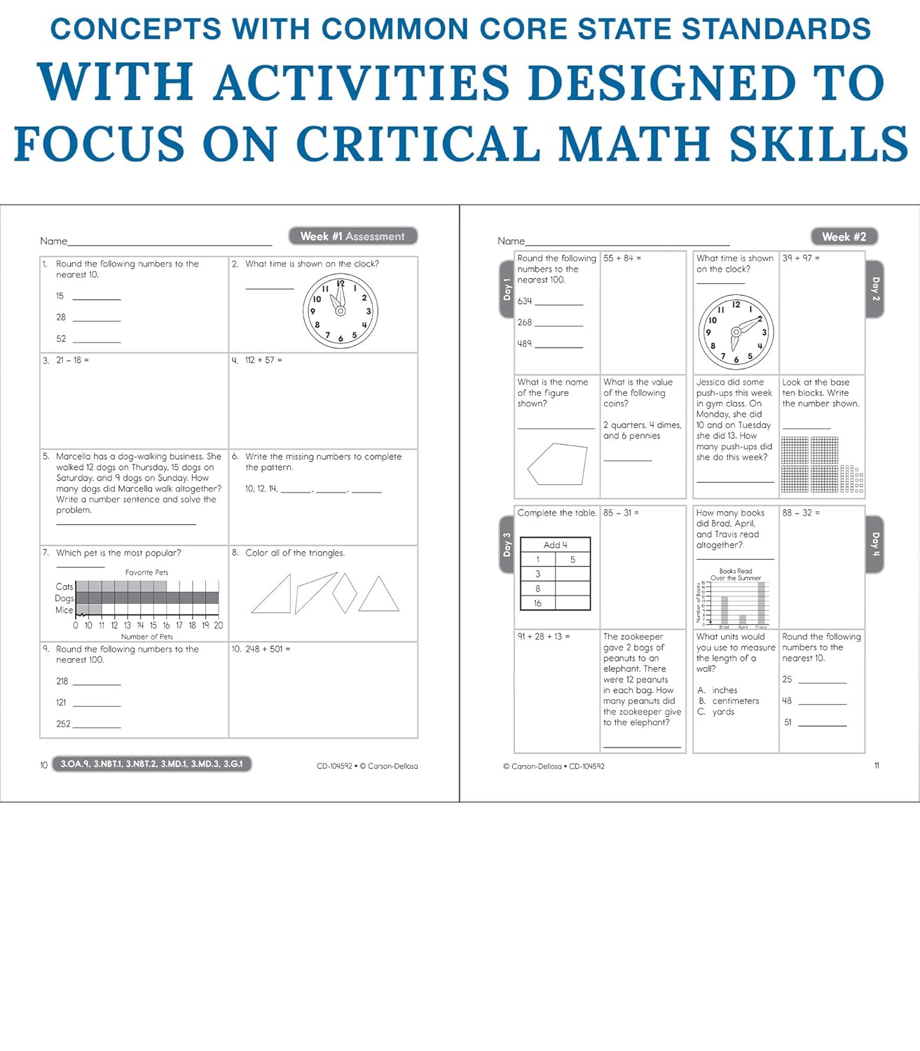 Carson Dellosa Common Core Math 4 Today 3rd Grade Workbooks, Telling Time, Fractions, Addition, Subtraction, Multiplication