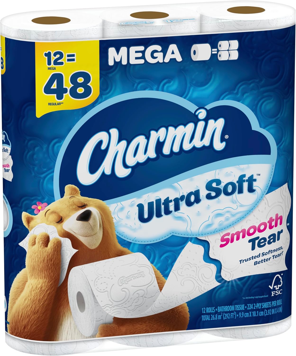 Charmin Ultra-Soft 2-Ply Toilet Paper Mega Rolls, 4in x 4in, White, 224 Sheets Per Roll, Pack Of 12 Rolls