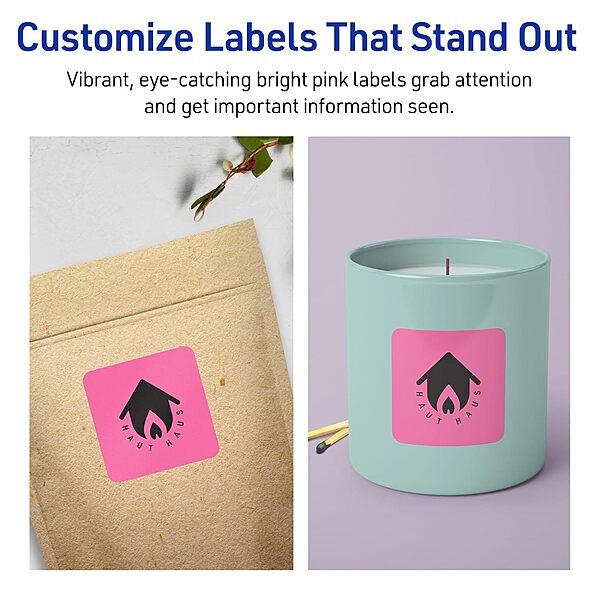 Avery Printable Square Labels, Sure Feed Technology, 2" x 2", Bright Pink - 120