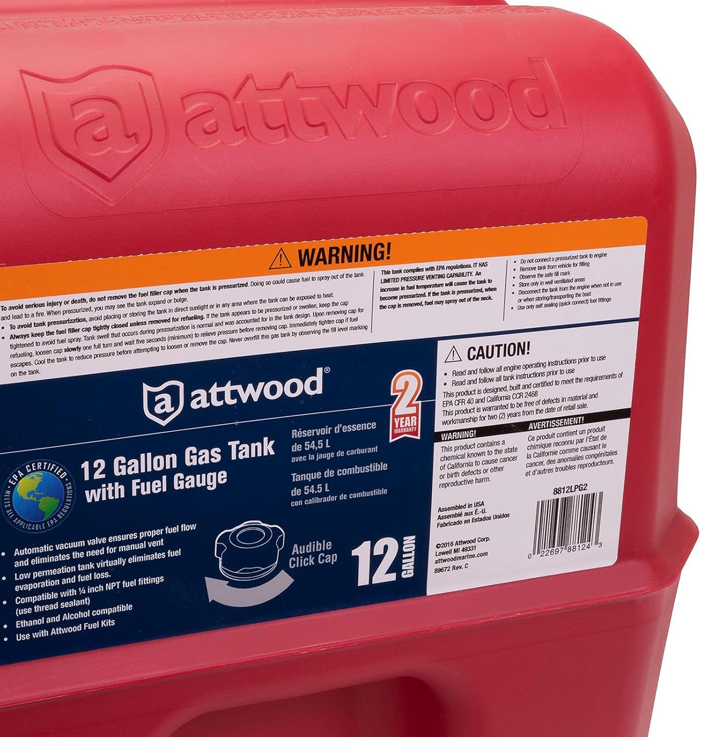 Attwood 8812LPG2 EPA Certified 12 Gallon Portable Fuel Tank with Gauge