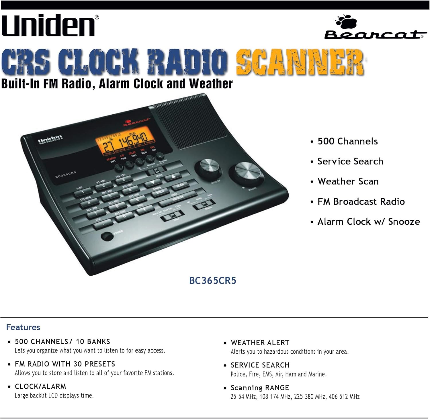 Uniden BC365CRS 500 Channel Scanner and Alarm Clock, Snooze, FM Radio, Weather Alerts, Search Bands used for Aviation