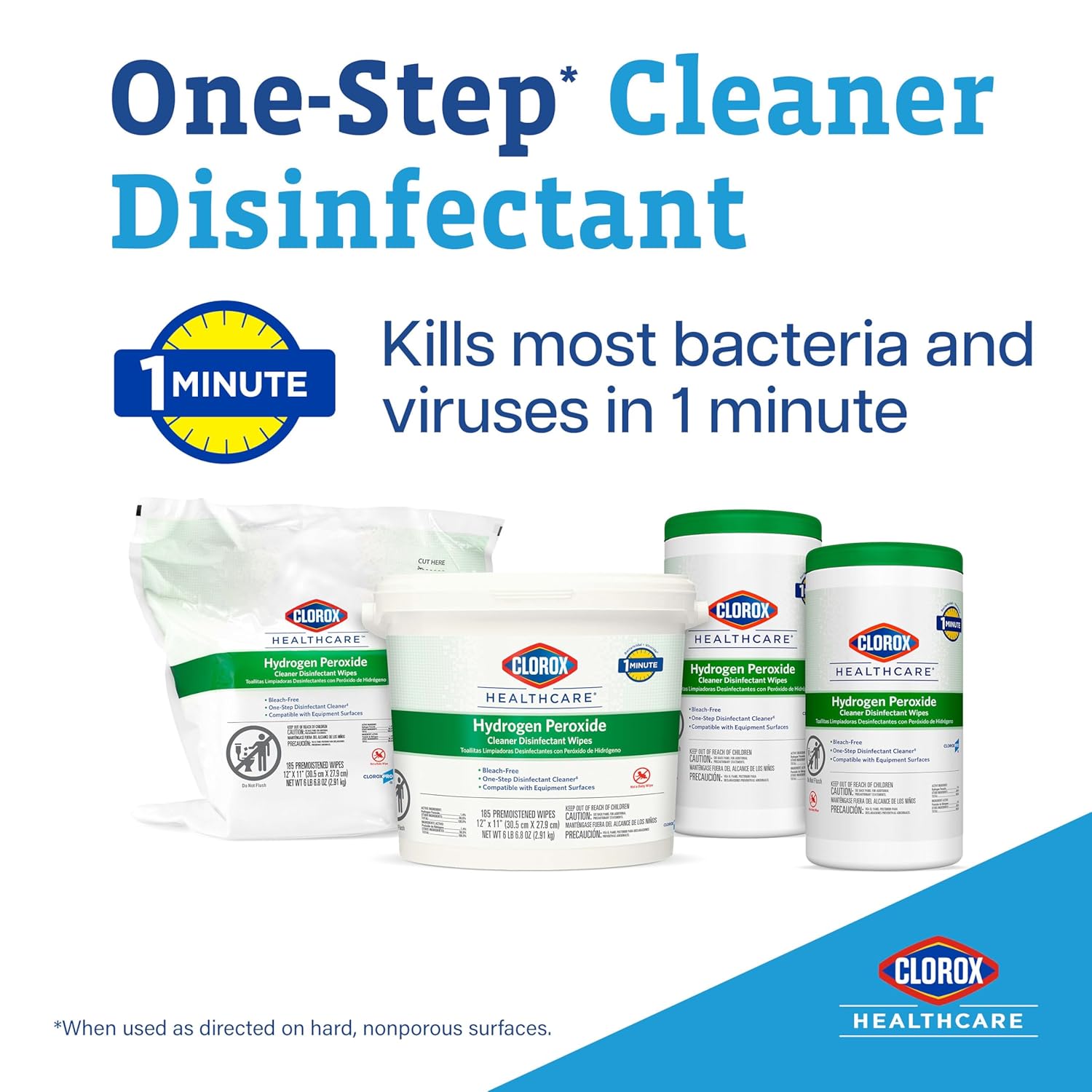 Clorox Healthcare Hydrogen Peroxide Cleaner Disinfectant Wipes, 12" x 11", Bucket, 185 Count (Package May Vary)