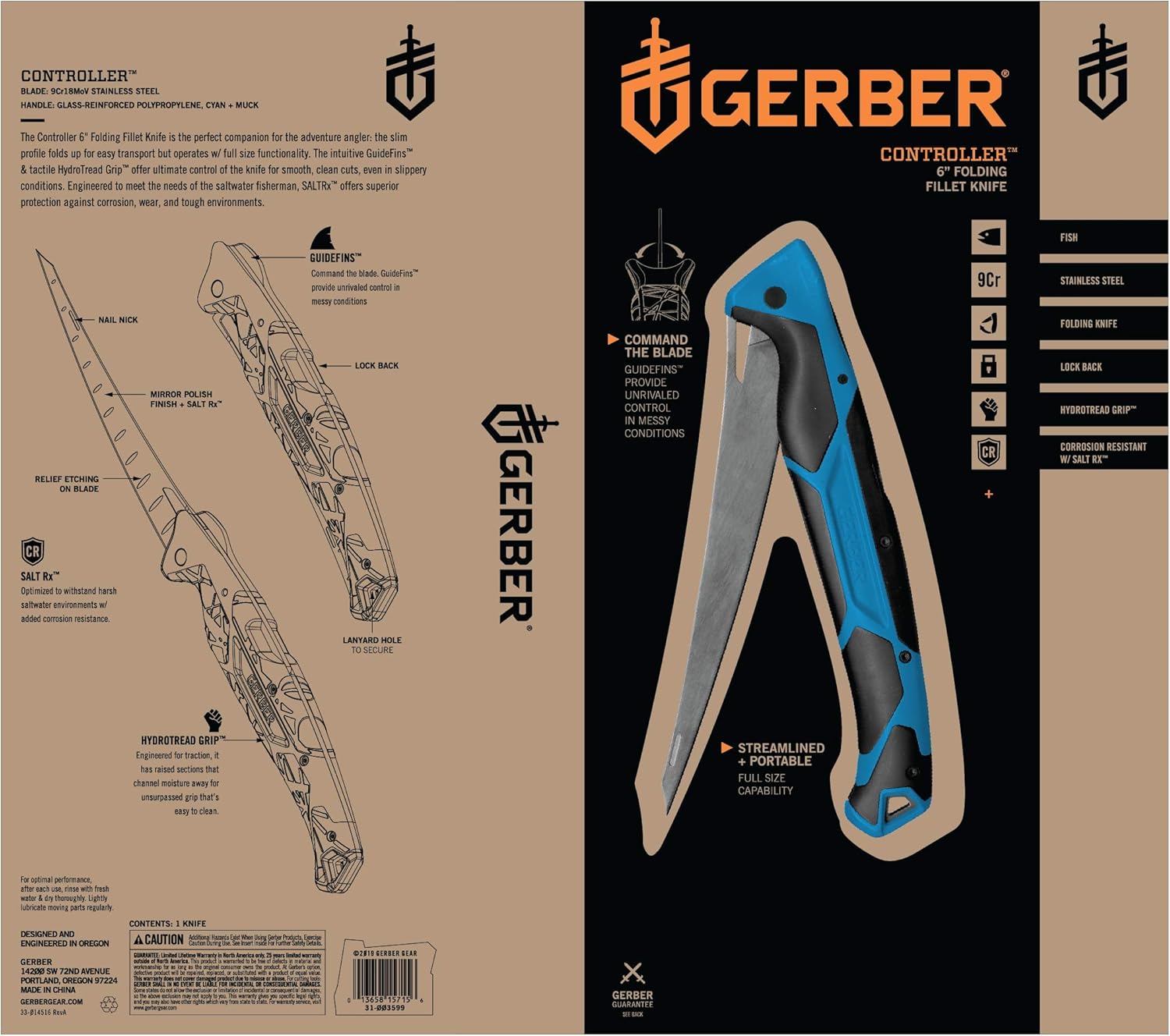 Gerber Gear Controller - Saltwater Fishing Fillet Knife for Fishing Gear - Cyan, 6 Inches