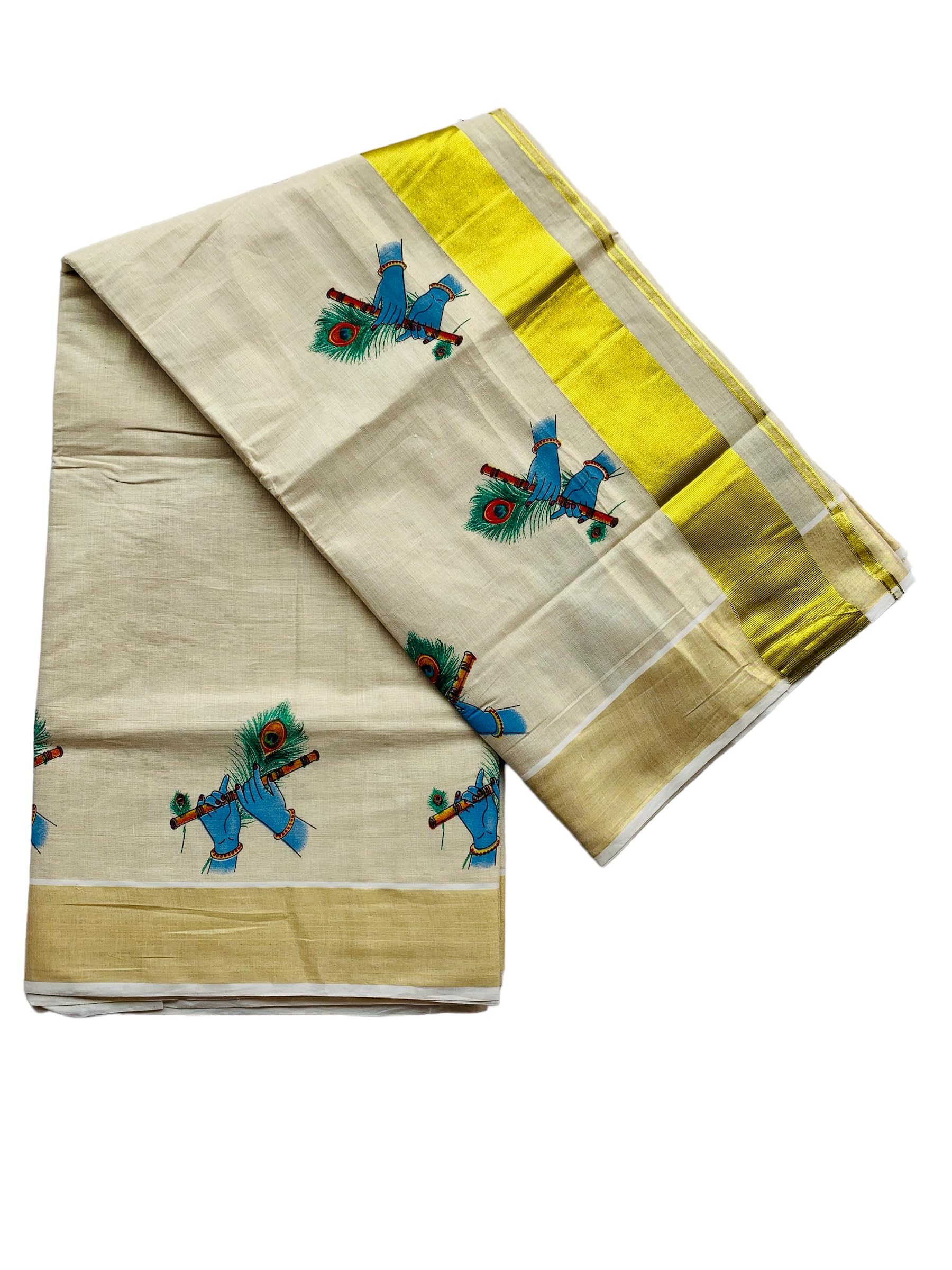 Kuthampully Kerala Kasavu Saree Tissue Mural Painted | Traditional South Indian Saree | Onam Saree - Multi Color KTM-621