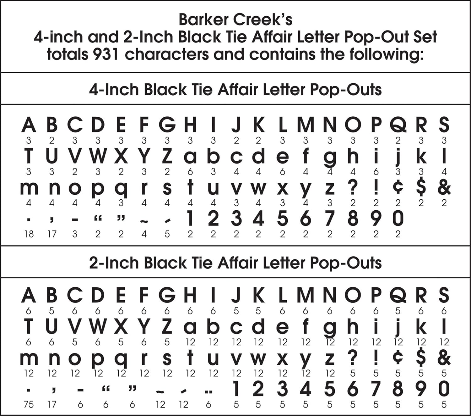 BARKER CREEK Letter Pop-Out Set, 2" & 4" Black Tie Affair, Set Includes 255 4" and 676 2" Letters
