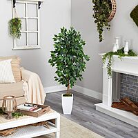 Nearly Natural Ficus 54inH Artificial Plant With Metal Planter, 54inH x 21inW x 19inD, Green/White